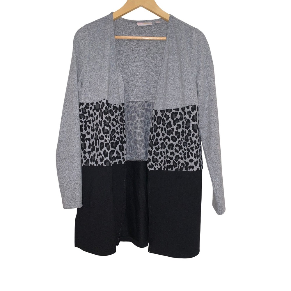 Belle by Kim Gravel Leopard Print Colorblock Cardigan Womens XXS Gray Black